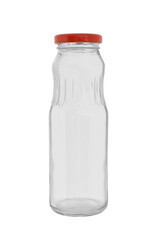 Empty, closed with a metal lid clear glass bottle for sauces and juices. Isolated on a white background, close-up