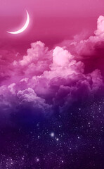 Magic, pink landscape with a glow moon and bright stars in deep space, a gentle, fairytale background with soft fluffy clouds and with a purple cosmic sky in half.