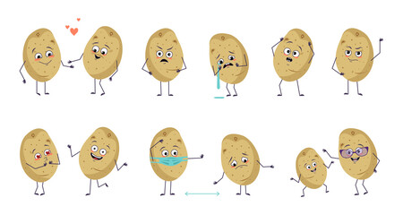 Set of cute characters potatoes with emotions, funny and sad faces, arms and legs. Happy heroes in love, vegetables play, dance, keep their distance. A source of vitamins