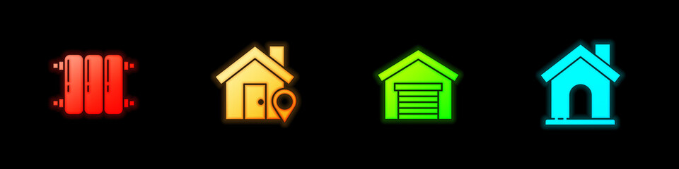Set Heating radiator, Location with house, Garage and House icon. Vector