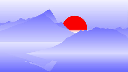 Aesthetic mountain landscape illustration background, soft mono blue color with big red sun behind mountain on the horizon