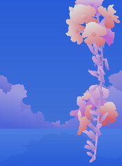 Retro - futuristic flowers branch and tropical beach landscape view, nostalgia 80s VHS era inspiration background template design, soft tint neon blue and violet color, flat vector illustration