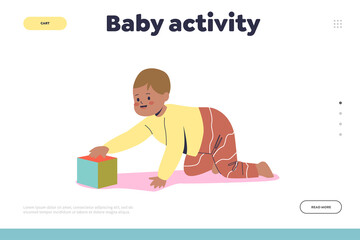 Baby activity concept of landing page with newborn boy crawling and playing with cube