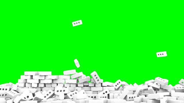 White brick wall destroy on green screen 4k