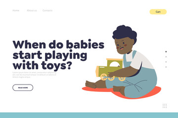 Baby start playing with toys concept of landing page with cute african newborn boy play with train