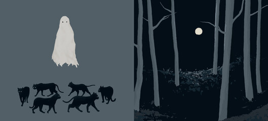 Black cats perform spirit ritual in circle with white floating ghost and dark night forest under moonlight, front and back card design illustration, cool and chill halloween vibe, hand drawn digital p