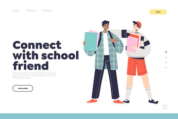 Connect with school friend concept of landing page with two teen boys stand together and talk