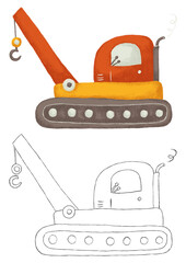 Cartoon kids crane truck outline. Construction machine. Coloring page and educational concept for kids.