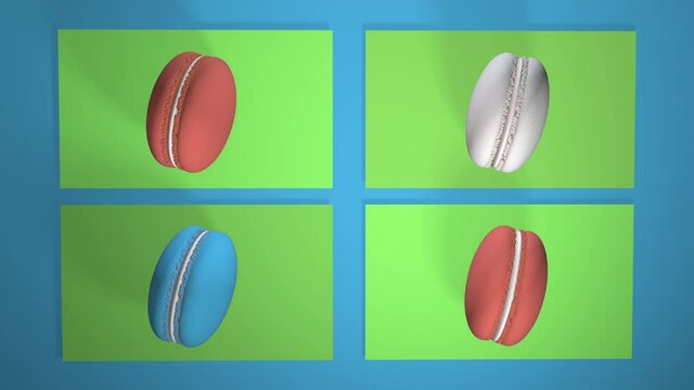 5 ps Colorful macaroni cakes, photographed on a colored paper background. A pattern with rotating macaroons. Realistic 3D animation with shadows. Looped video.
