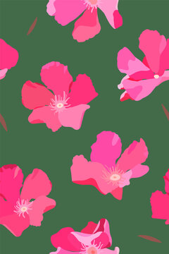 Green and fresh Sweet Olender flowers (nerium), pastel cute and fun summer hand drawn simple flat style, seamless pattern