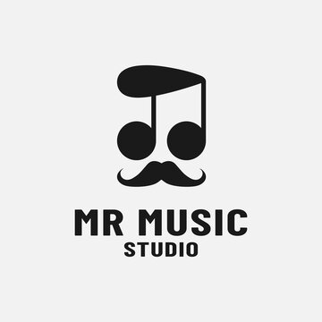 Music Notes and Mustache for Mr Music Logo Design Template. This logo represents musical notes as hair and a man wearing sunglasses. Suitable for music labels, recording studios, or DJ.