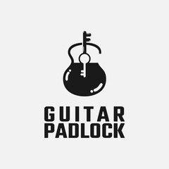 Obraz premium Guitar Padlock Logo Design Template.The logo consists of a guitar forming a Padlock and two keys. Suitable for music or security protect company brand service business. Hipster Vintage Retro Design.