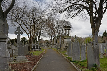 Old historic grave monuments with crosses in Glasnevin, green cemetery with bare trees in , Dublin, Ireland.