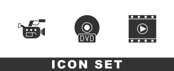 Set Cinema camera, CD or DVD disk and Play Video icon. Vector