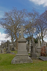 Obraz premium Old historic grave monuments with crosses in Glasnevin, green cemetery with bare trees in , Dublin, Ireland.