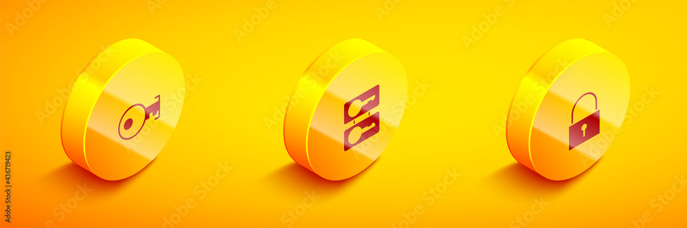 Poster set isometric key, casting keys and lock icon. vector