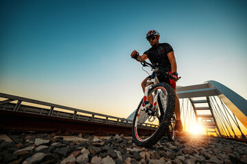 Mountain biker riding on bike in the city