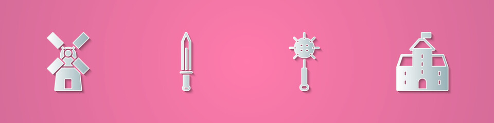 Set paper cut Windmill, Medieval sword, chained mace ball and Castle, fortress icon. Paper art style. Vector
