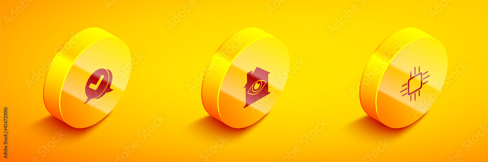 Aufkleber set isometric check mark in speech bubble, house with eye scan and processor microcircuits cpu icon.