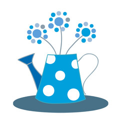 A blue vase in the form of a watering can with painted flowers of blue dandelions on a white background.