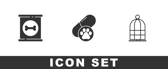 Set Canned food, Dog pill and Cage for birds icon. Vector