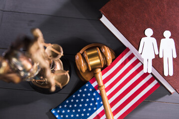 statue of justice, gavel and flag of america