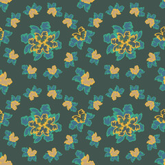 Seamless repeating floral pattern with yellow flowers on a green background. Spring and summer flowering elements. Botanical composition. For textiles, wallpapers, backgrounds and postcards.