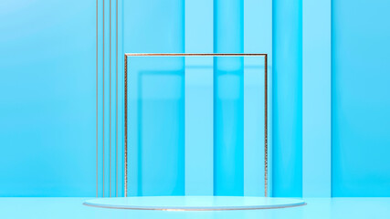 Pedestal, base, frame and hanger. Blue ocean colors 3d illustration. Podium for brand promotion product. Creative background for advertising presentation. Stand base mockup. 