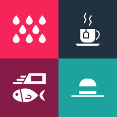 Set pop art Elegant women hat, Fish and chips, Cup of tea with tea bag and Water drop icon. Vector