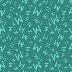 Turquoise seamless pattern with the letter m on a green background. Minimalistic freehand drawing style. Background for fabric, wallpaper, bed linen. 