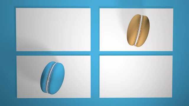 5 ps Colorful macaroni cakes, photographed on a colored paper background. A pattern with rotating macaroons. Realistic 3D animation with shadows. Looped video.