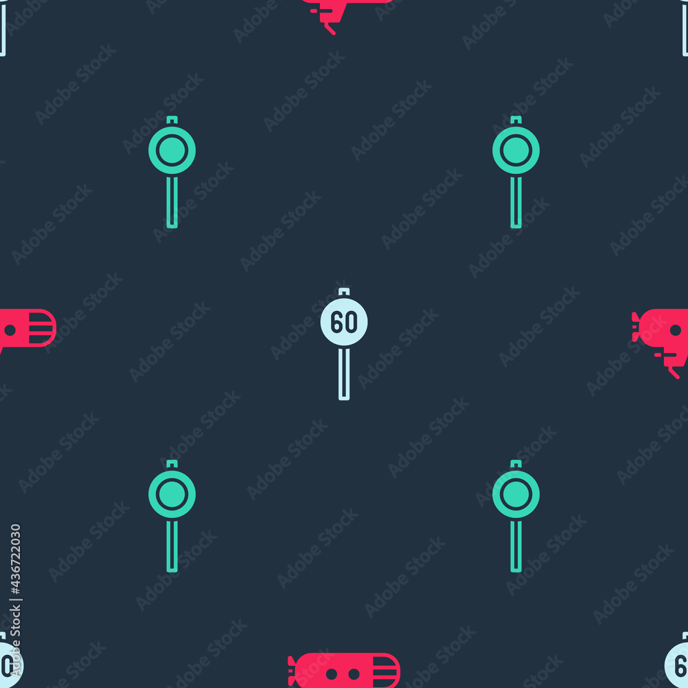 Poster set submarine, speed limit traffic and road signpost on seamless pattern. vector