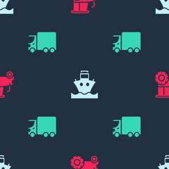 Set Tractor, Cargo ship and Delivery cargo truck on seamless pattern. Vector
