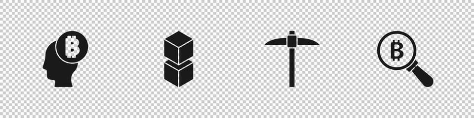 Set Bitcoin think, Blockchain technology, Pickaxe and Magnifying glass with icon. Vector