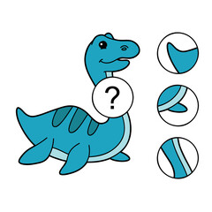 Vector illustration educational kid game Find missing piece with cute cartoon dinosaur character for children 
