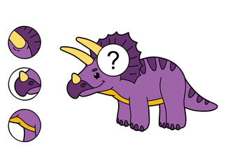 Vector illustration educational kid game Find missing piece with cute cartoon dinosaur character for children 