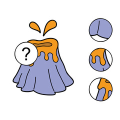 Vector illustration educational kid game Find missing piece with cute cartoon volcano character for children 