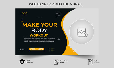 Fitness gym training thumbnail design for any videos. Fitness gym customizable video thumbnail and web banner .Editable Video cover photo template for Any social  media.and Video Promoti Tutorials.