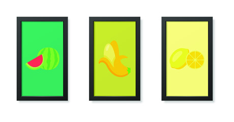 Three minimalist posters in modern black frame, fruits avocado,orange and red apple - vector illustration