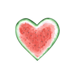 Fototapeta na wymiar Watermelon slice in a heart shape isolated on a white background. Watercolor summer fruit clipart. Hand-drawn half watermelon illustration. Tropical template. Top view food object. Watermelon frame.