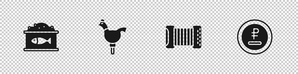 Set Tin can with caviar, Cockerel lollipop, Accordion and Rouble, ruble currency icon. Vector