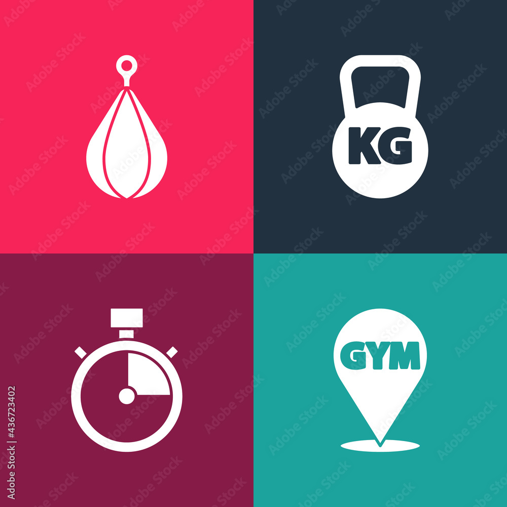 Sticker Set pop art Location gym, Stopwatch, Kettlebell and Punching bag icon. Vector