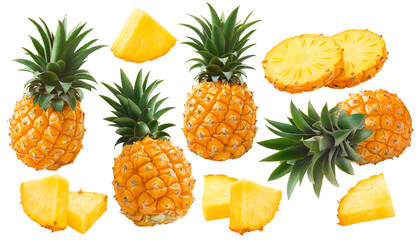 Pineapple set isolated on white background. Whole fruit, round and triangular slices