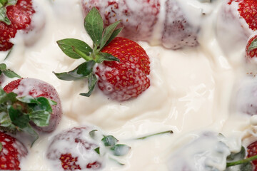 Ripe strawberries fall into the cream. Splashes of milk.
