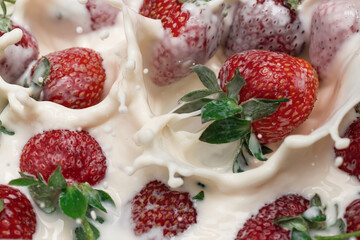 Ripe strawberries fall into the cream. Splashes of milk.