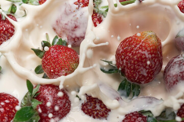 Ripe strawberries fall into the cream. Splashes of milk.