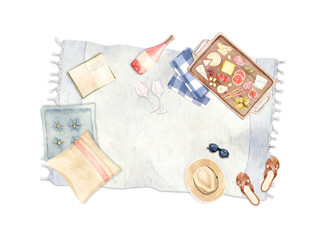 Picnic blanket with pillows, wooden tray with food, snacks, wine - Watercolor hand painted illustration. Perfect for picnic cards