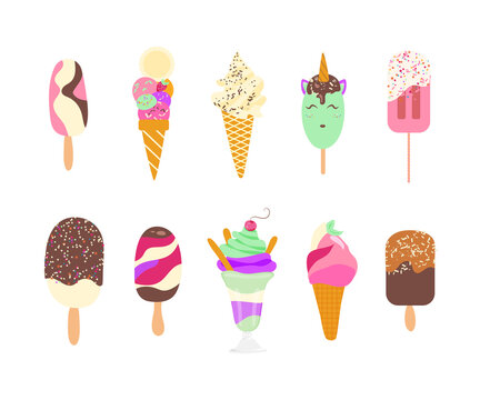 Collection of 10 vector ice cream illustrations isolated on white