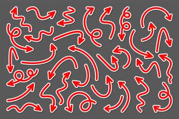 Colorful hand drawn arrow stickers set. Red pointers collection. Simple arrows in different shapes. Direction signs. Vector illustration.