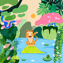 Wild animals in the jungle. Flora and fauna of tropics. Flat cartoon colorful vector illustration.